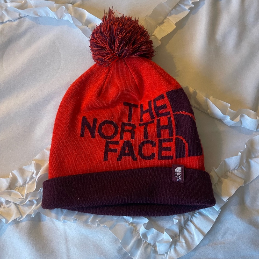 The North Face Maroon and Orange Pom Beanie